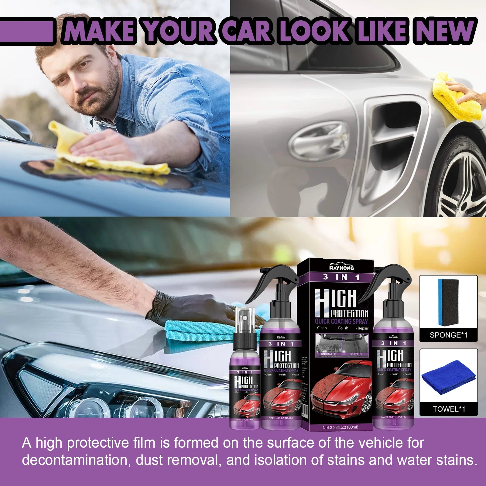 3-IN-1 Car Quick Ceramic Coating Spray High Protection Nano Coating Polishing Fortify Hydrophobic Enhance Car Paint Gloss Shine