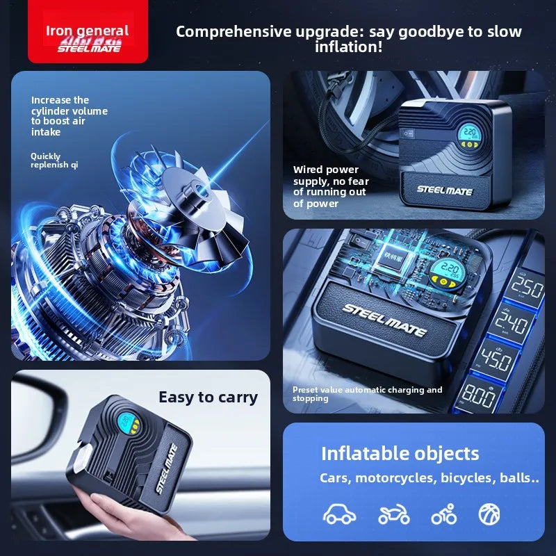 12V Car Air Pump Portable Electric Inflator for Tires Emergency Use with LED Light
