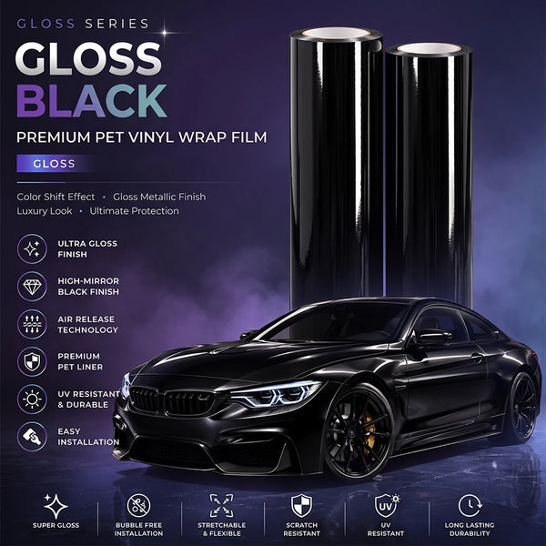 Glossy Black Car Wrapping Vinyl Wrap Film Sticker Roll Bubble Free Air Release Vehicle Motocycle Decal Auto Tuning Accessories