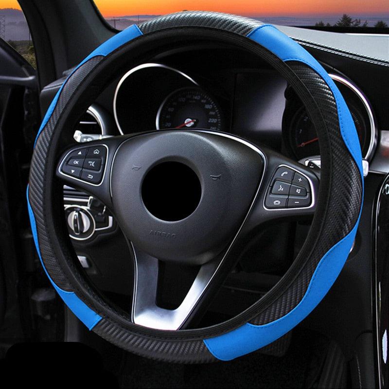 Car Steering Wheel Cover Breathable Anti Slip PU Leather Steering Covers Suitable 37-38cm Auto Decoration Carbon Fiber Thread Leather Steering Wheel Cover Heavy Duty Pure Cowhide Steering Wheel Cover, Genuine Leather Steering Wheel Cover
