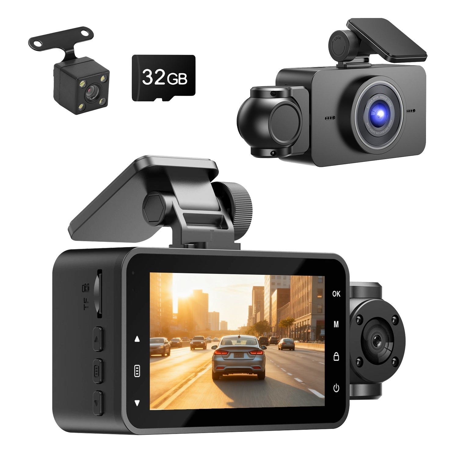 WiFi 1080P 3-Channel Dash Cam with Night Vision & 32GB Card